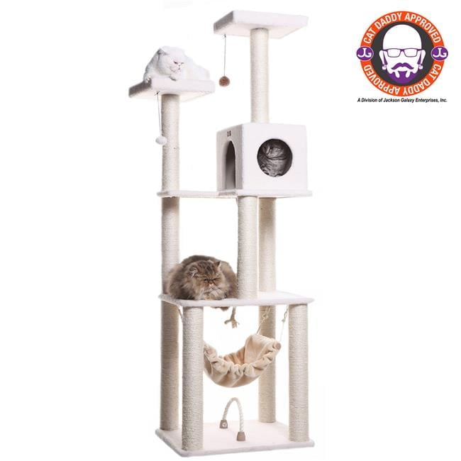 73'' Ivory Fleece Multi-Level Cat Tree with Hammock and Rope Swing