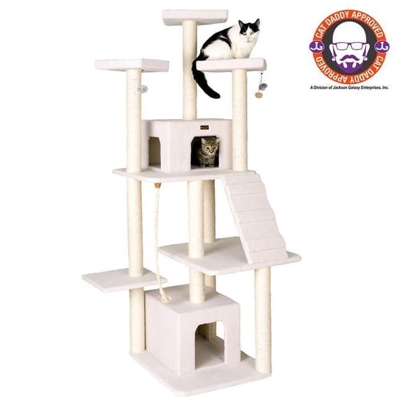 Armarkat Classic Real Wood Cat Tree In Ivory - Multi Levels With Ramp Three Perches Rope Swing Two Condos