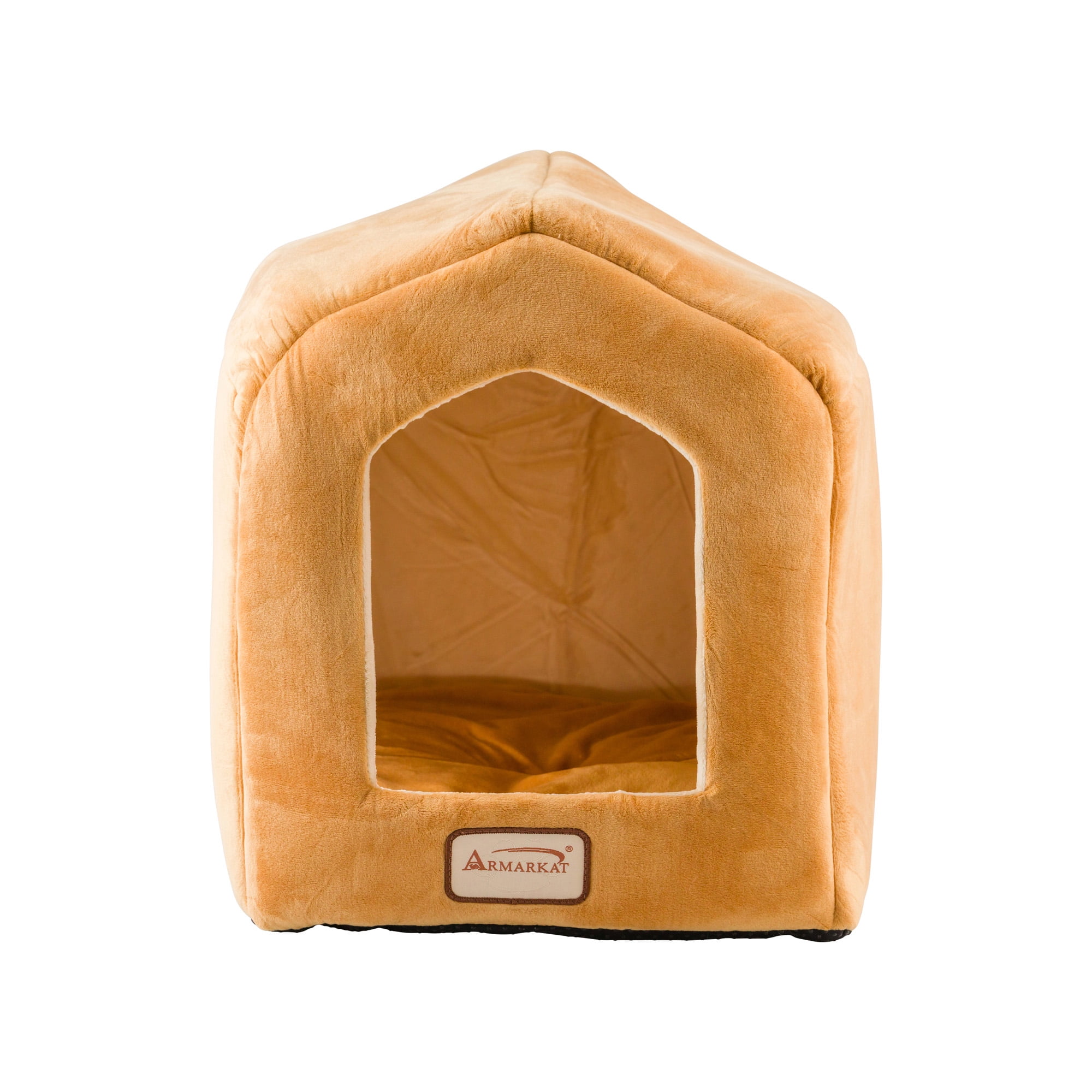 Small Beige Velvet House-Shaped Cat Bed with Fiberfill