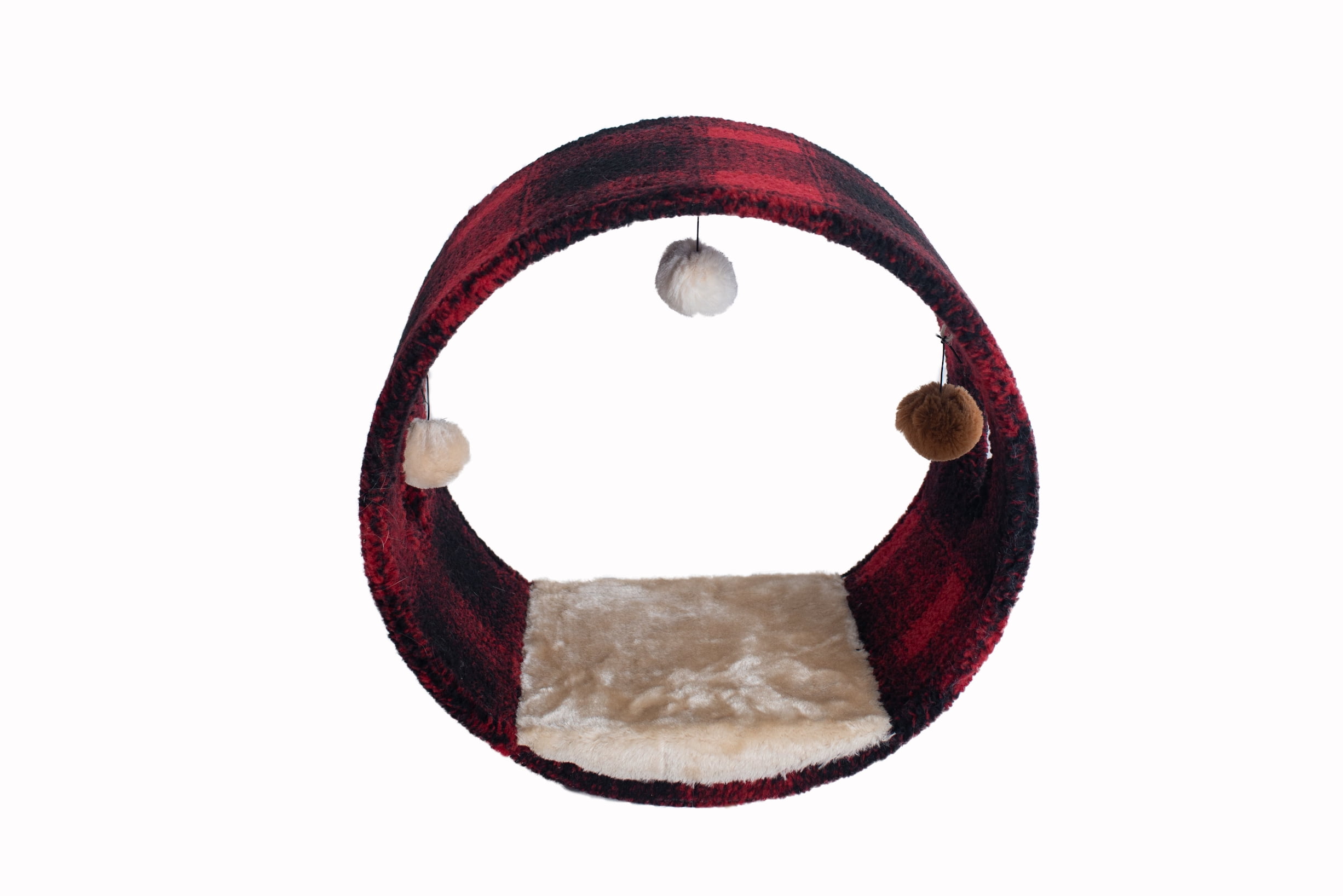 Red and Black Plaid Faux Fleece Cat Tunnel with Velvet Pad