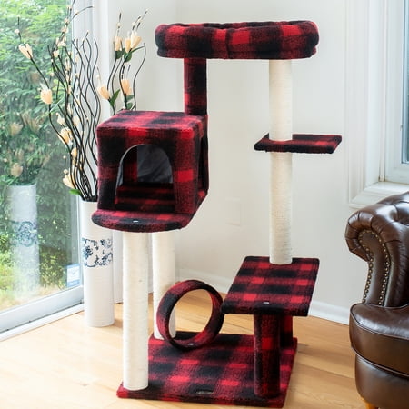 Armarkat Model B5008 50-inch Height Classic real wood Cat Tree With Veranda, Bench, Mini perch, and Spacious Lounger In Scotch Plaid