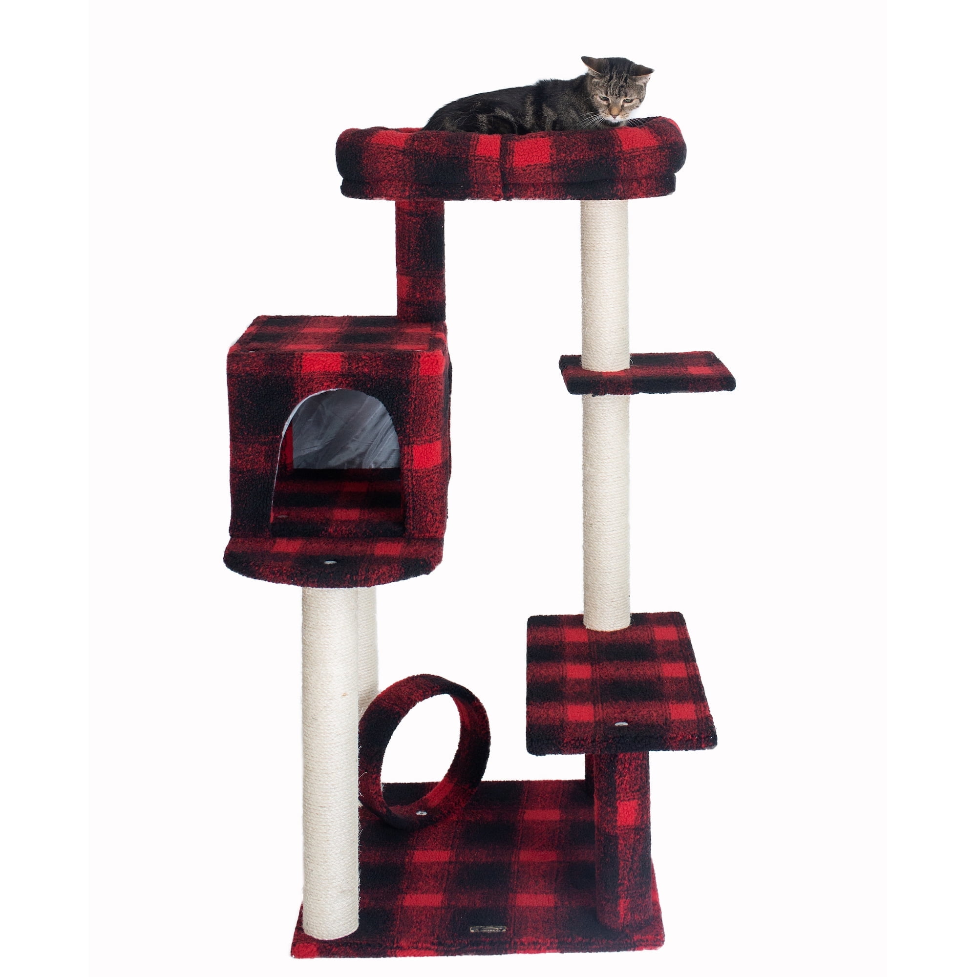 50-Inch Red and Black Plaid Sisal Cat Tree with Lounger