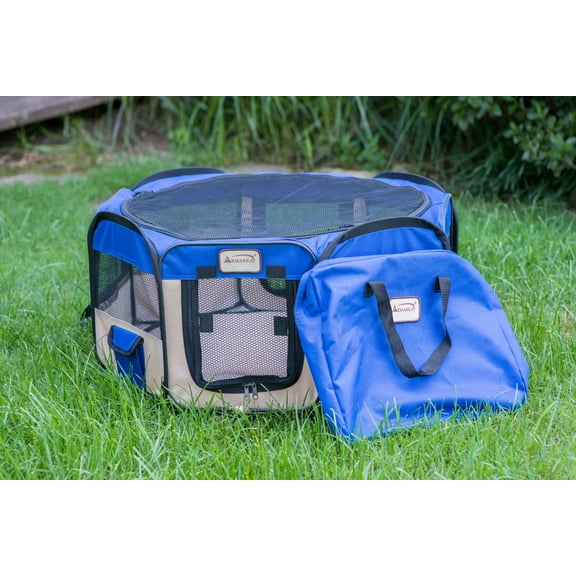 Armarkat Model PP001B-M Portable Pet Playpen in Blue and Beige Combo