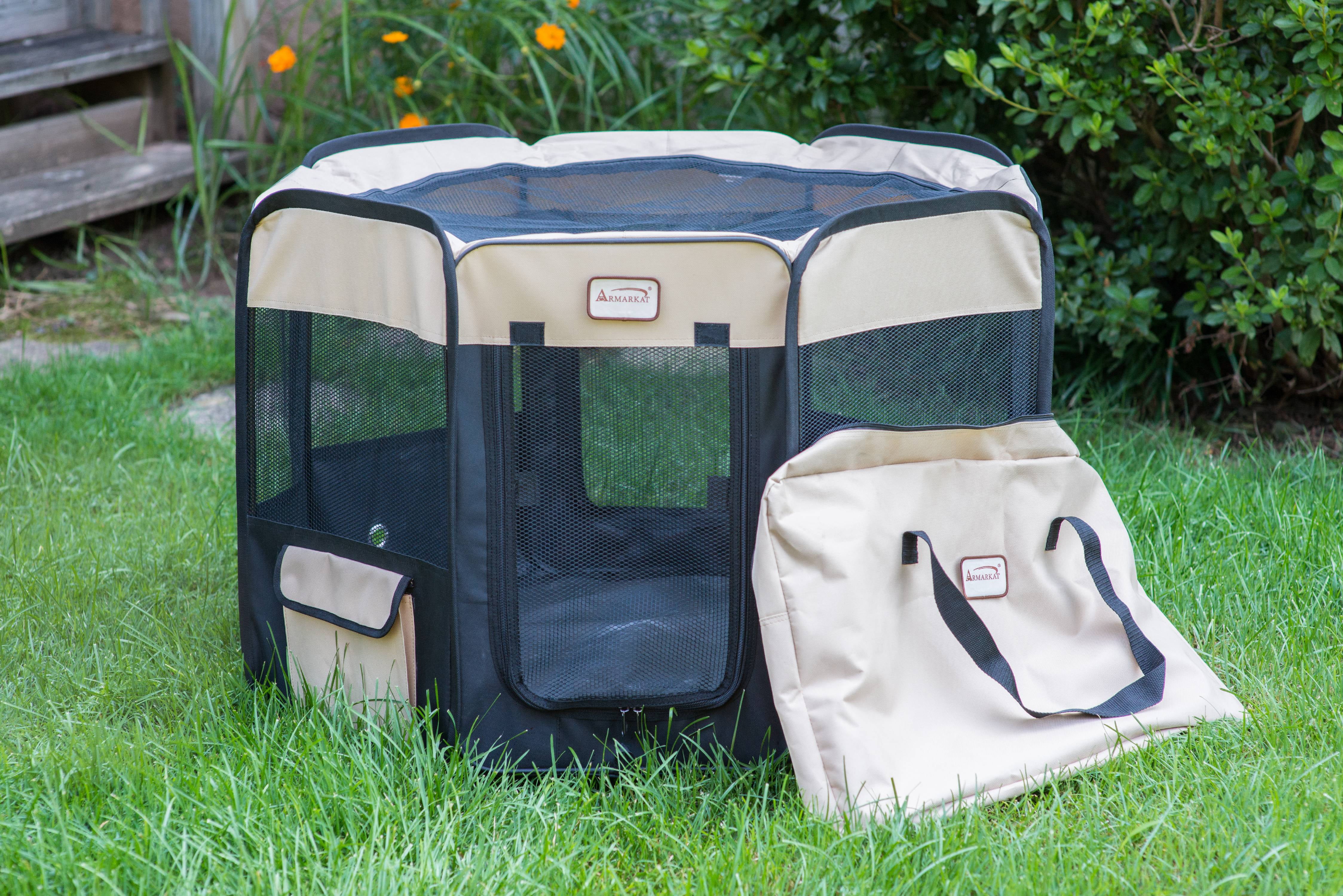 Beige and Black Portable Plastic Pet Playpen with Mesh Vents