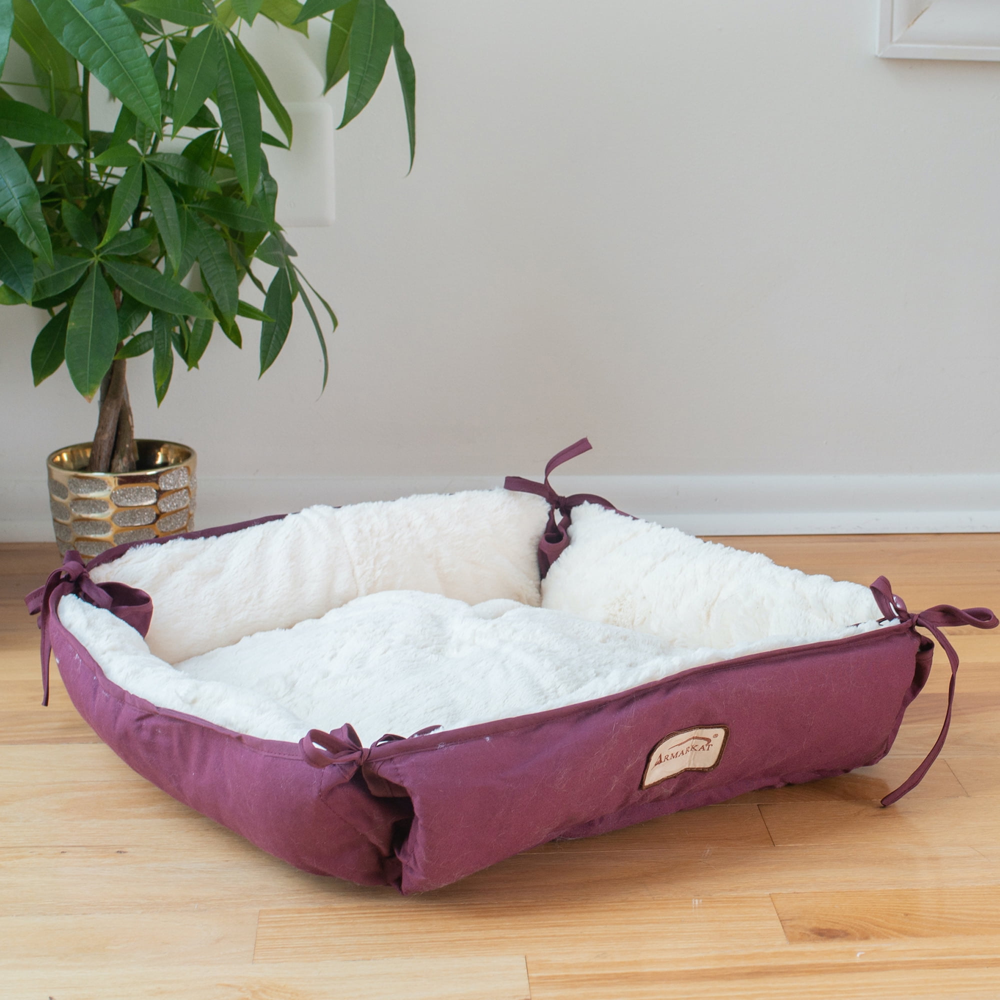 Burgundy and Ivory Waterproof Canvas Pet Bed with Plush Interior