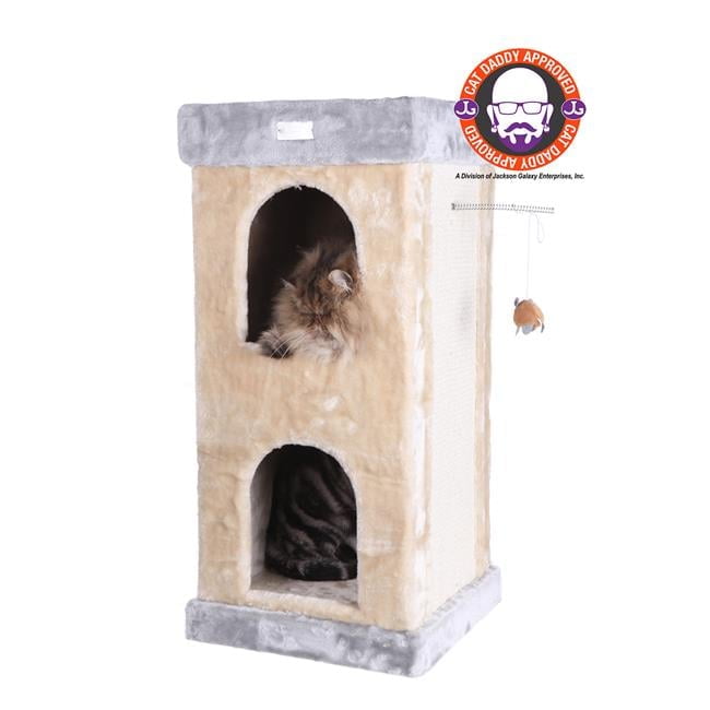Beige Faux Fur and Sisal Freestanding Cat Tree with Double Condo
