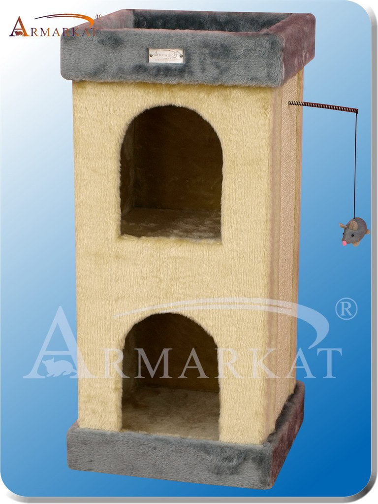 Beige Faux Fur and Sisal Freestanding Cat Tree with Double Condo