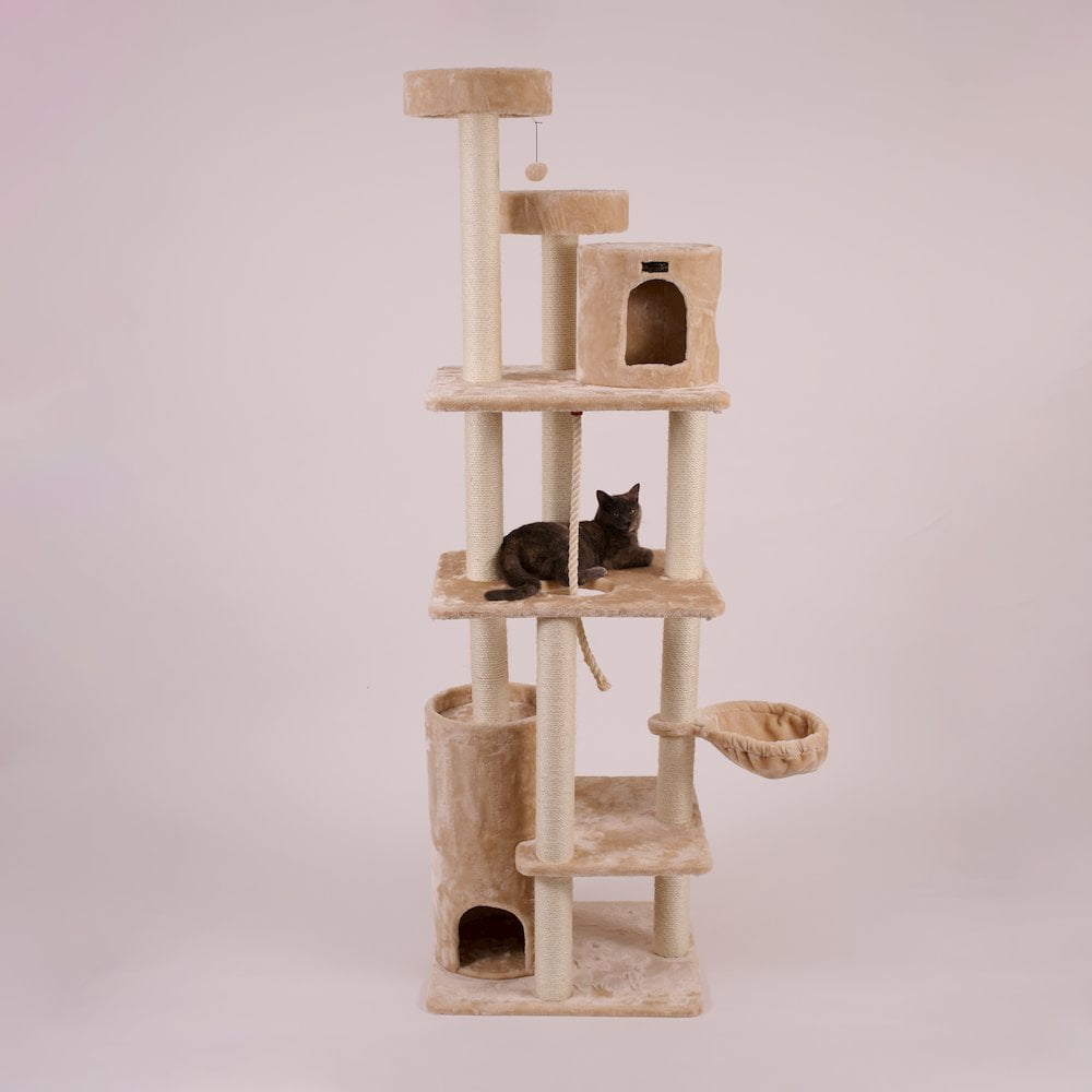 84-Inch Beige Faux Fur Multi-Level Cat Tree with Sisal Posts