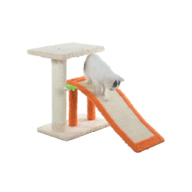Beige and Orange Faux Fur Cat Tree with Sisal Ramp
