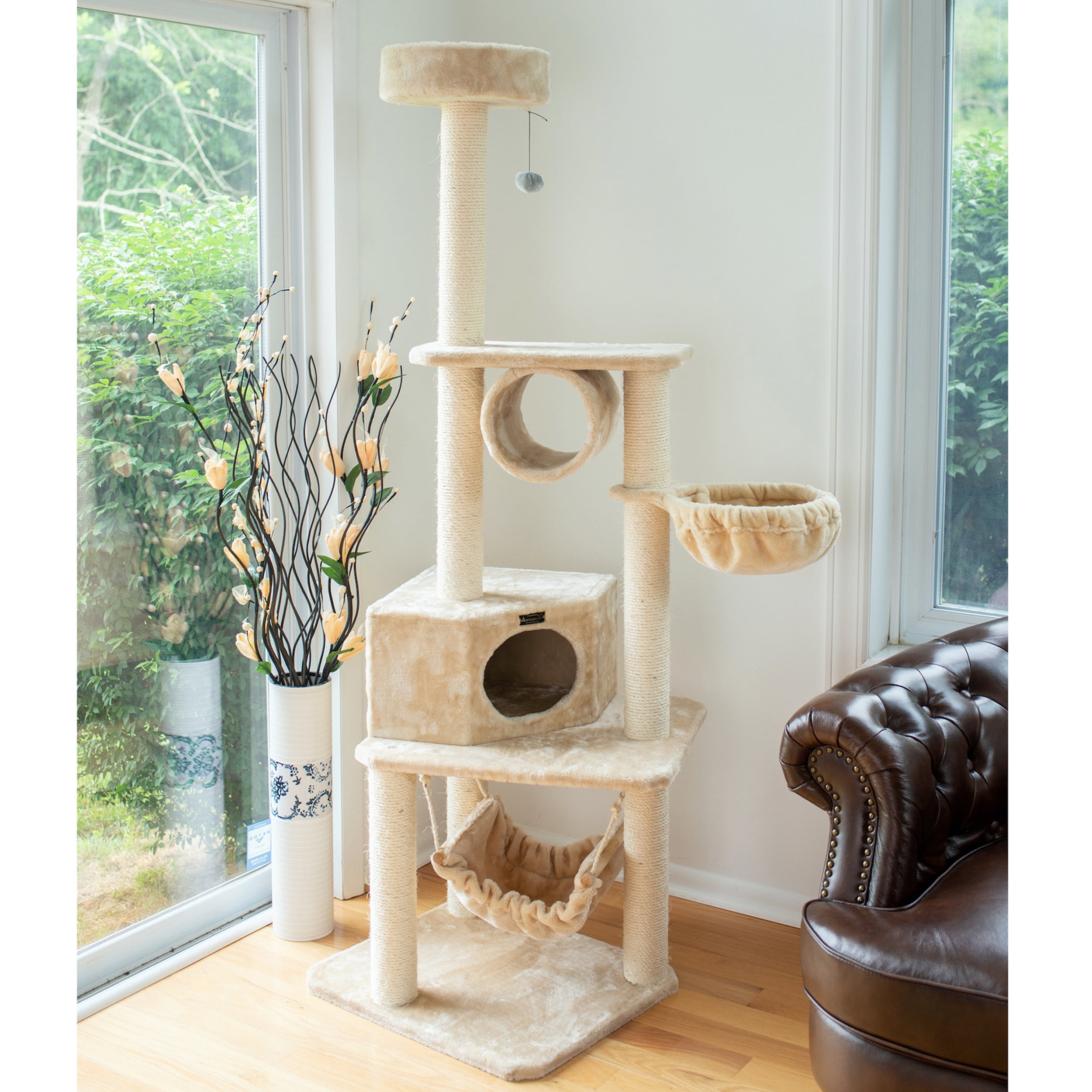 Beige Multi-Level Faux Fur Cat Tree with Sisal Posts