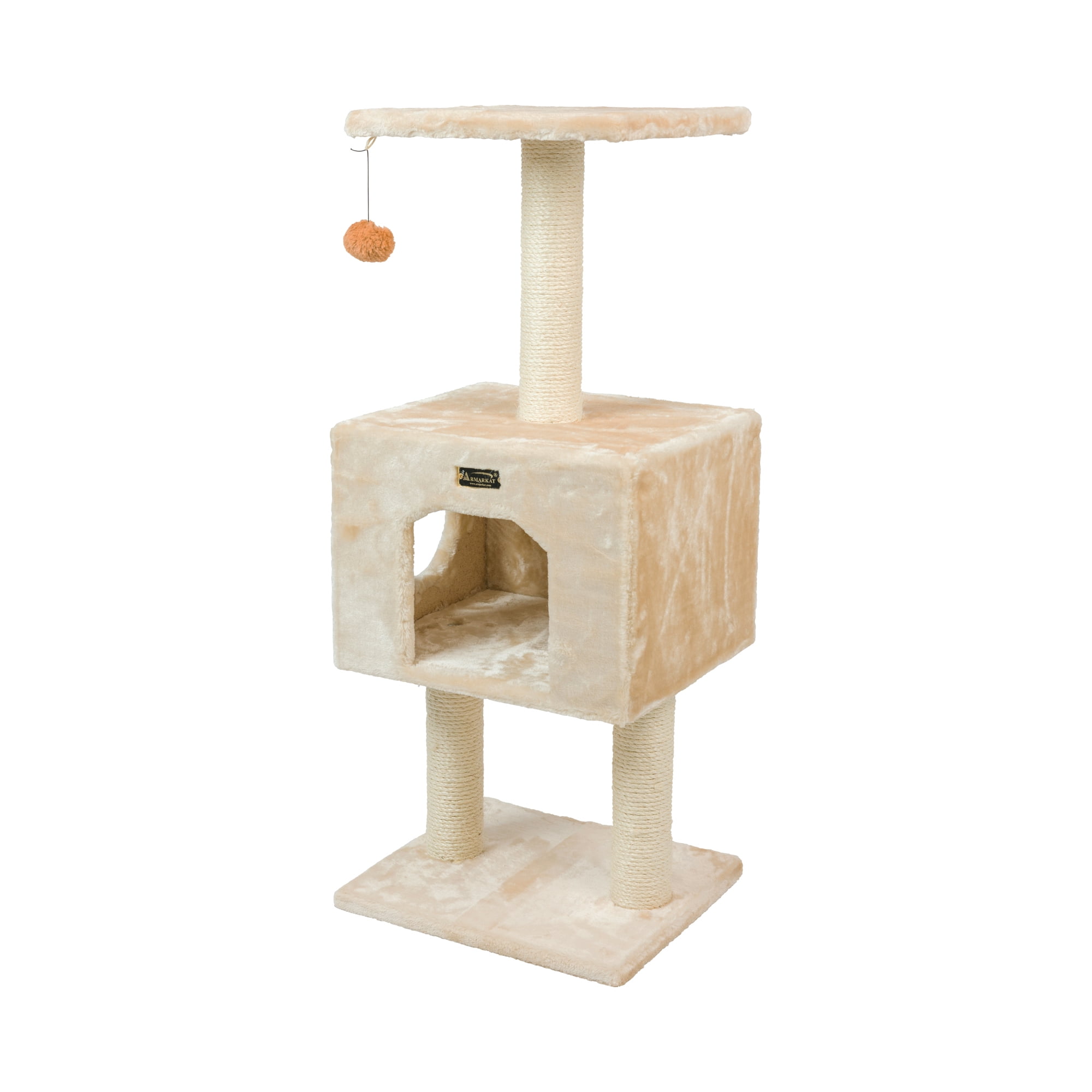 Beige Faux Fur and Sisal Freestanding Cat Tree with Condo