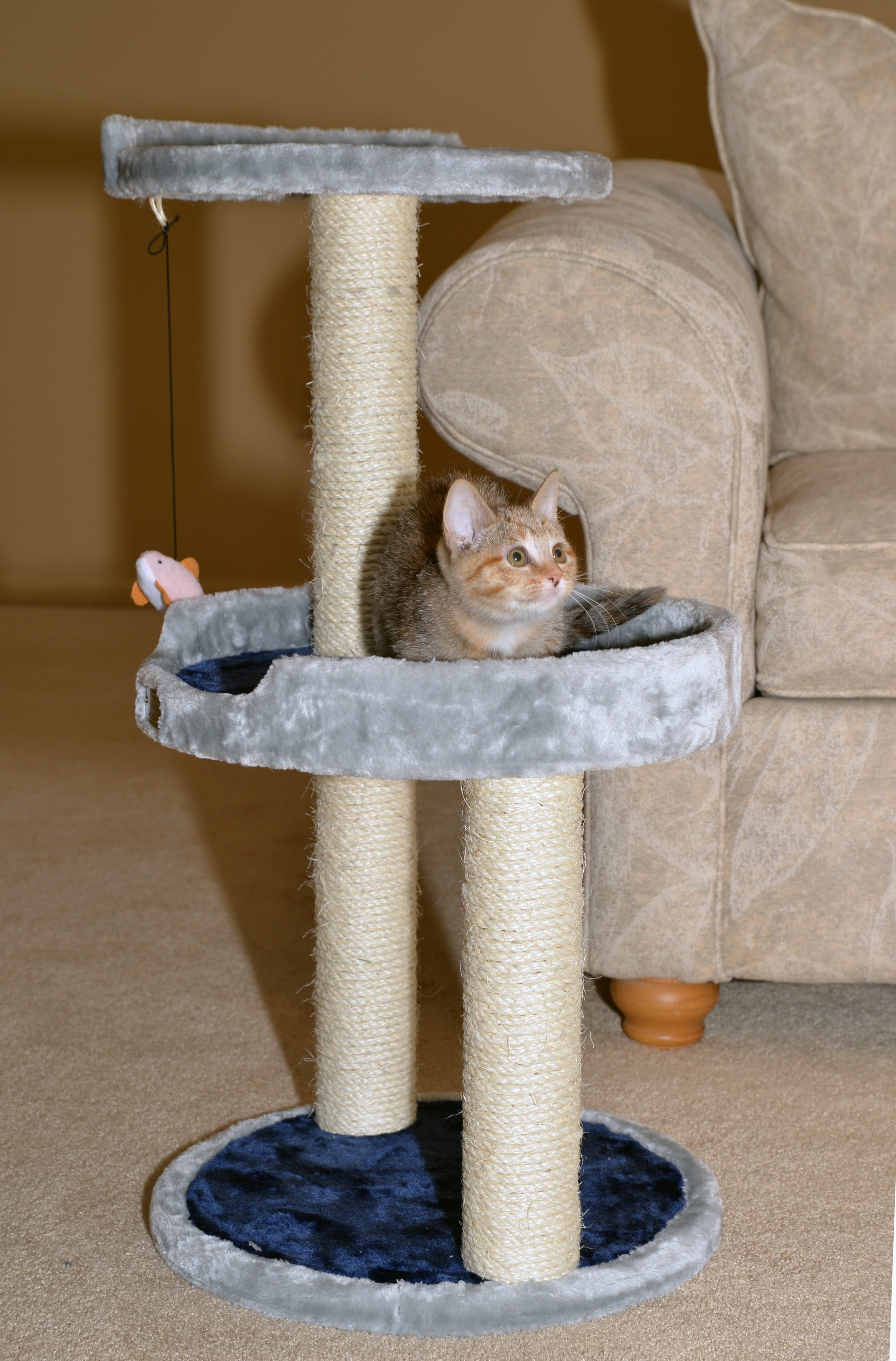 Gray Faux Fur and Sisal 3-Level Cat Tree