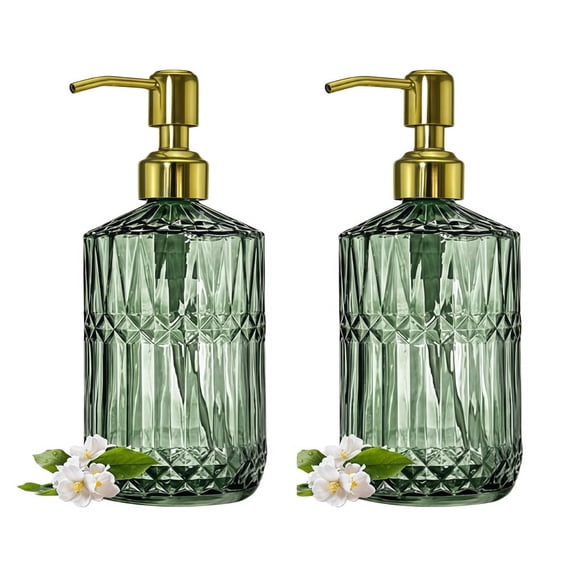 Armastuse 17 Oz Green Glass Soap Dispenser Set of 2, Kitchen Dish Soap And Bathroom Lotion Dispenser with Gold Rust Proof Pump - For Hand Soap, Body Wash