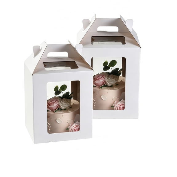 Armastuse 2 Pack Tall Cake Boxes for Tier Cakes, 10x10x12 Inch Large Cake Carrier with Window - White Disposable Bakery Box with Handle for Wedding, Birthday And Party