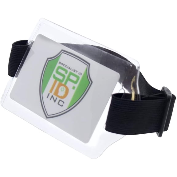 Armband ID Badge Holder with Clear Card Sleeve Visibility - Adjustable Elastic Arm Band Strap with Hook and Loop Fastener for Horizontal Size Name Badges by Specialist ID (Black)