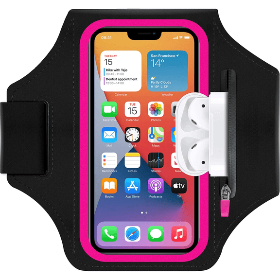 Armband for iPhone 17/17 Pro/16/16 Pro/15/15 Pro/14/14 Pro/13/13 Pro/13 Mini/12/12 Pro/12 Mini/11/11 Pro/XR/XS/X/SE,Water Resistant Armband with Zipper Slot for Airpods and Car Key (Pink)