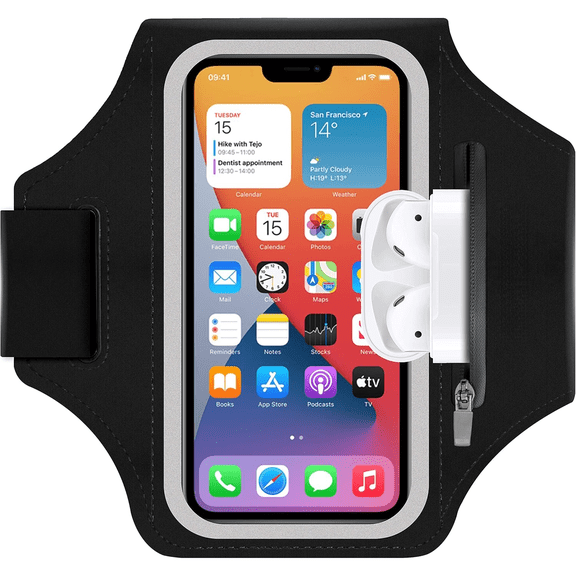 Armband for iPhone 17/17 Pro/16/16 Pro/15/15 Pro/14/14 Pro/13/13 Pro/13 Mini/12/12 Pro/12 Mini/11/11 Pro/XR/XS/X/SE,Water Resistant Armband with Zipper Slot for Airpods and Car Key (Black)