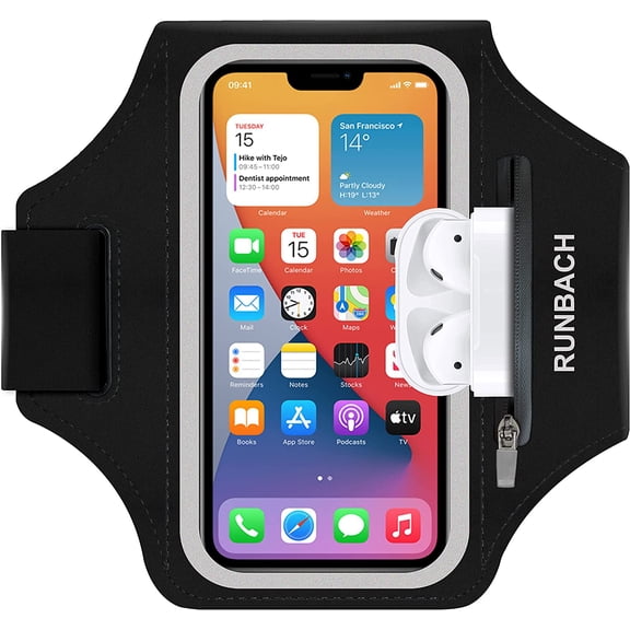 Armband for iPhone 17/17 Pro/16/16 Pro/15/15 Pro/14/14 Pro/13/13 Pro/13 Mini/12/12 Pro/12 Mini/11/11 Pro/XR/XS/X/SE,Water Resistant with Zipper Slot Airpods and Car Key (Black)