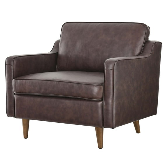Armchair Accent Chair, Brown, Leather, Modern Contemporary Mid-Century French Country, Mid Century Living Hotel Lounge Cafe Lobby