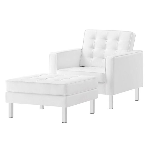 Armchair Accent Chair and Ottoman, White Silver, Vegan Leather, Mid Century Living Lounge Cafe Lobby Hospitality Restaurant, Modern Contemporary HB34846