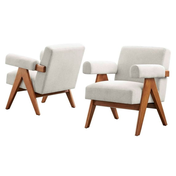 Armchair Accent Chair, Set of 2, Ivory White, Fabric, Wood, Living Kitchen Cafe Bistro Hospitality Restaurant, Modern Contemporary HB36212