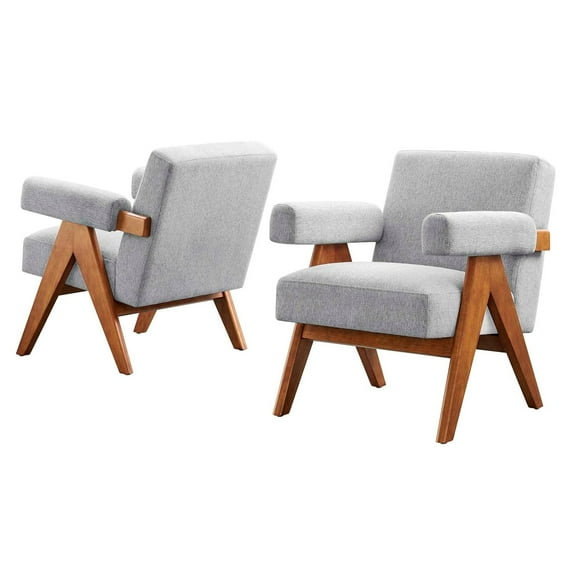 Armchair Accent Chair, Set of 2, Light Grey Gray, Fabric, Wood, Living Kitchen Cafe Bistro Hospitality Restaurant, Modern Contemporary HB36215