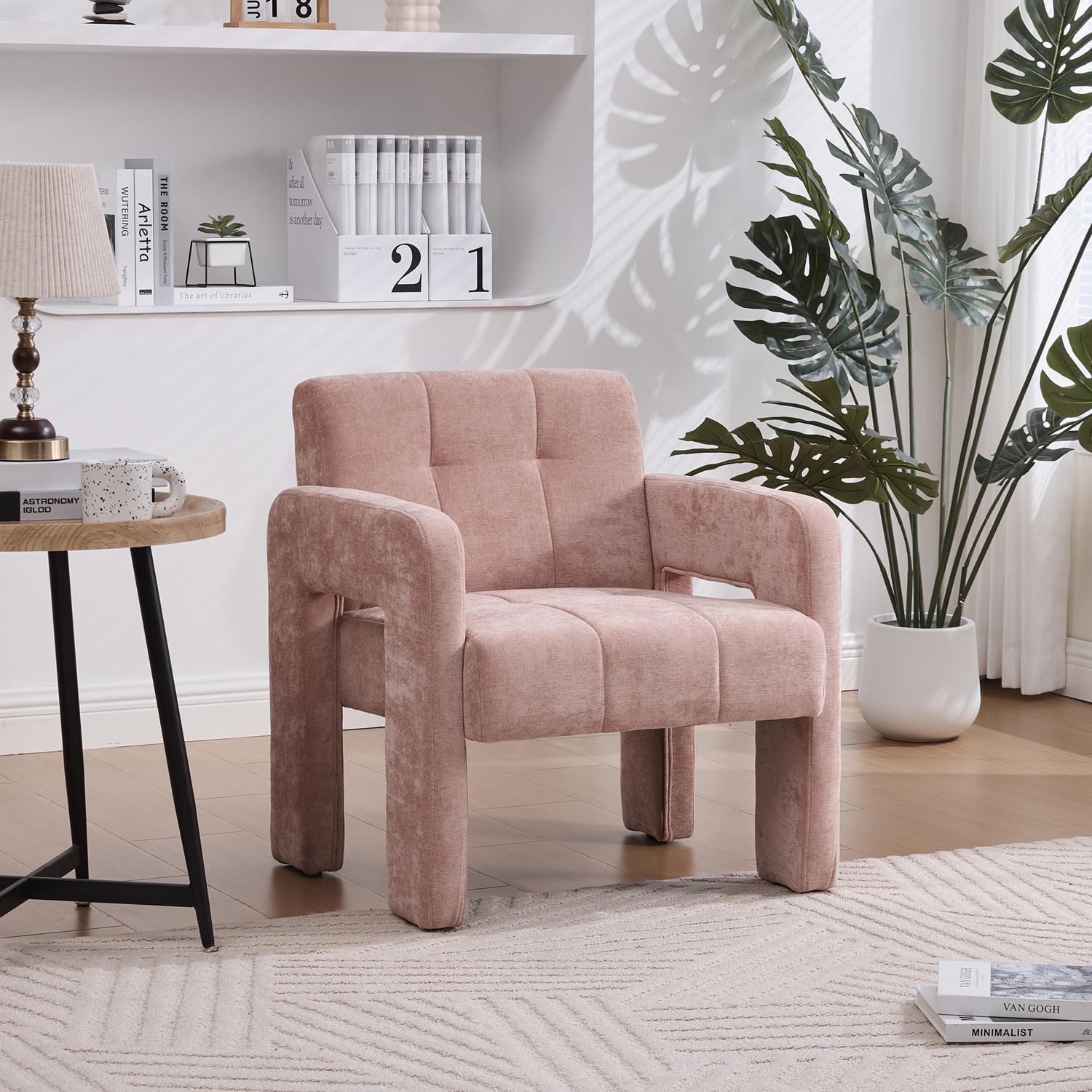 Armchair, Accent Chair, Upholstered Lounge Chair with Plush Chenille Fabric, High-Density Foam Cushion and Modern Minimalist Design, for Living Room Bedroom, Pink