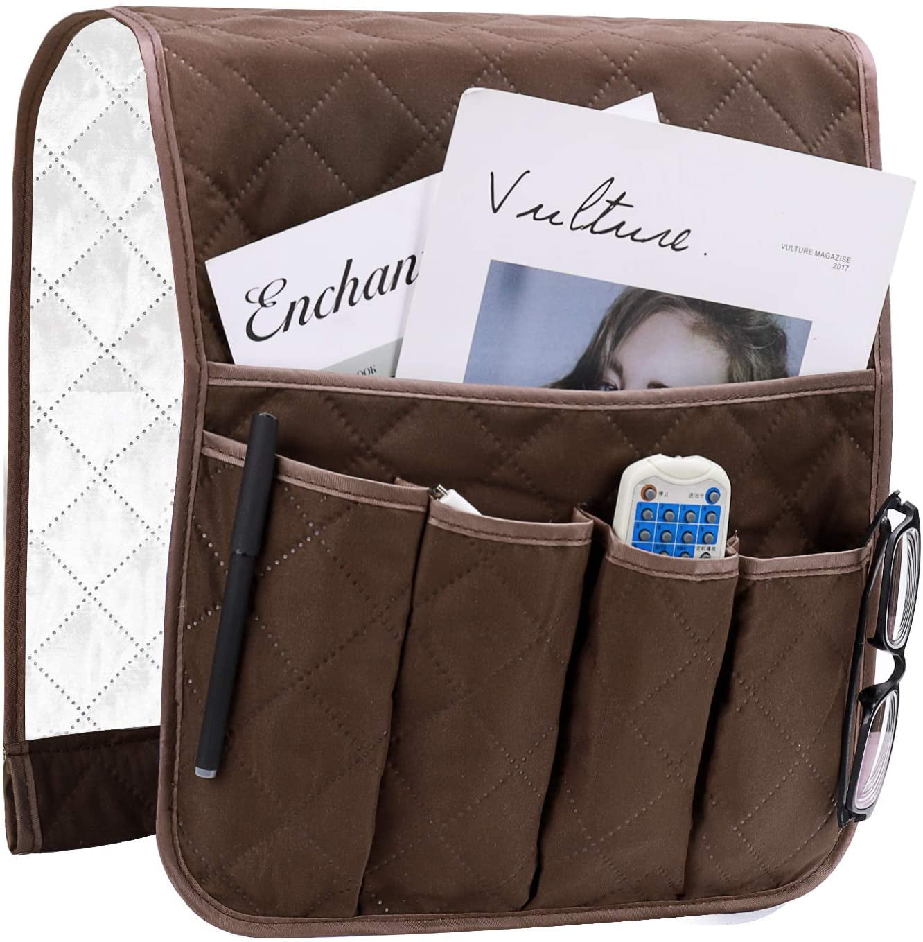 PAKAINN Armchair Armrest Organizer, Sofa Chair Protector Cover, Hanging Pockets Space Saving, Non-Slip Storage Bag for Phone, Book, Magazines, TV Remote, Brown