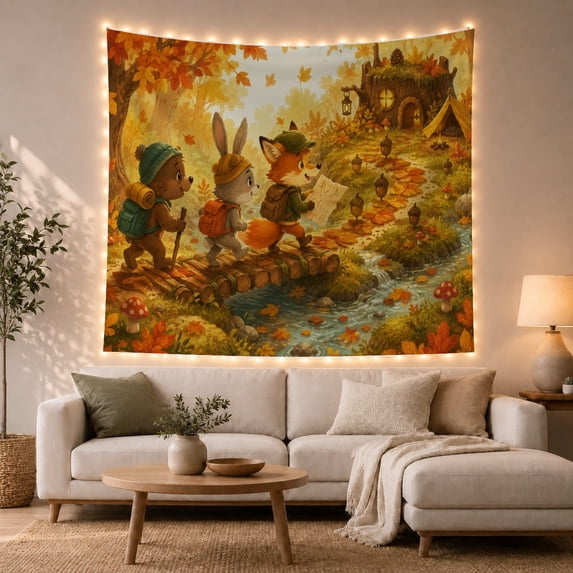 Armchair Bookshelf Cat with Adventure Harvest Toned Forest, Cozy Dark Academia for Book Lovers, Wall Decor, Graduation Gift, Tapestry Wall Hanging for Dorm and Living Room