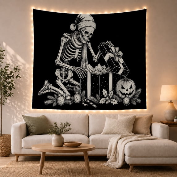 Armchair Bookshelf Cat with Detailed Skeleton Fully, Cozy Dark Academia for Book Lovers, Aesthetic Wall Decor, Christmas Gift, Tapestry Wall Hanging for Dorm and Living Room