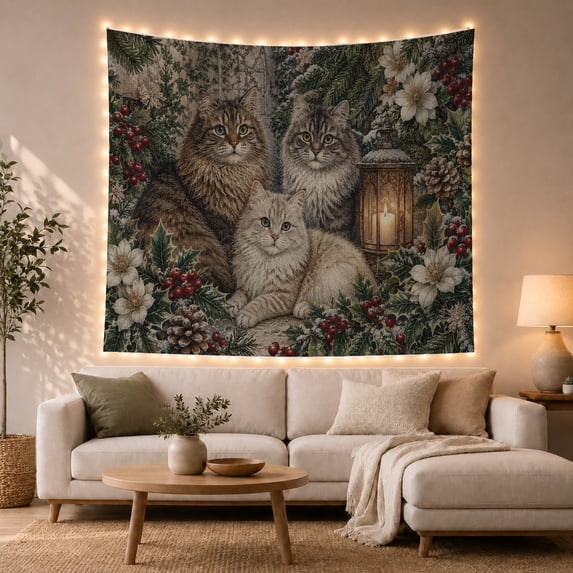 Armchair Bookshelf Cat with Fluffy Cats Nestled Among, Cozy Dark Academia for Book Lovers, Reading Nook Wall Decor, Christmas Gift, Tapestry Wall Hanging for Bedroom and Dorm
