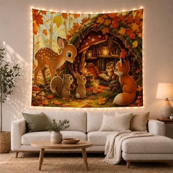 Armchair Bookshelf Cat with Forest Harvest Toned Moss, Cozy Dark Academia for Book Lovers, Aesthetic Wall Decor, Halloween Gift, Tapestry Wall Hanging for Dorm and Living Room