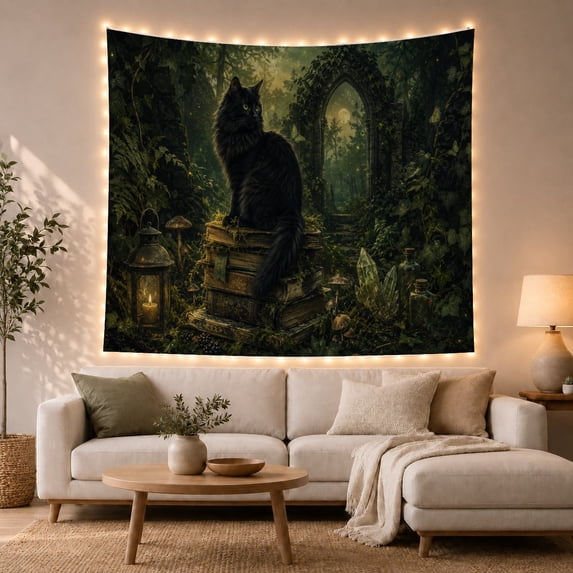 Armchair Bookshelf Cat with Forest Night Prominent Main, Cozy Dark Academia for Book Lovers, Reading Nook Wall Decor, Graduation Gift, Tapestry Wall Hanging for Bedroom and Dorm