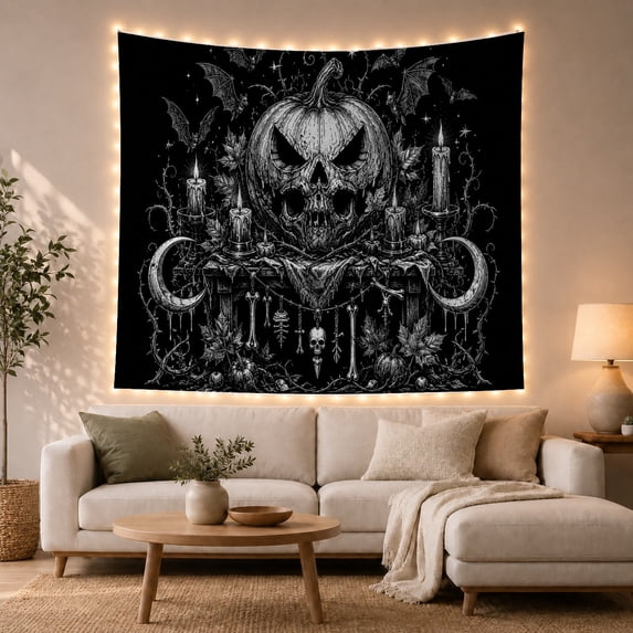 Armchair Bookshelf Cat with Highly Detailed Menacing Jack, Cozy Dark Academia for Book Lovers, Reading Nook Wall Decor, Halloween Gift, Tapestry Wall Hanging for Bedroom and Dorm