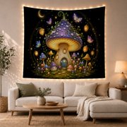 Armchair Bookshelf Cat with Magical Mushroom House, Cozy Dark Academia for Book Lovers, Aesthetic Wall Decor, Valentine'S Day Gift, Tapestry Wall Hanging for Dorm and Living Room