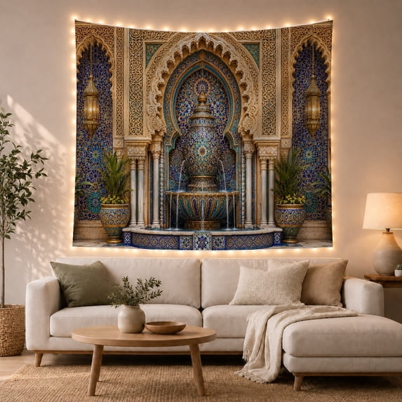 Armchair Bookshelf Cat with Ornate Architectural Fountain, Cozy Dark Academia for Book Lovers, Wall Decor, Mother'S Day Gift, Tapestry Wall Hanging for Dorm and Living Room