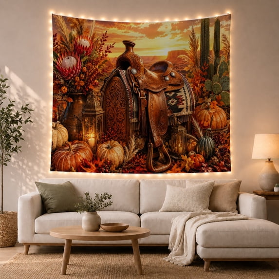 Armchair Bookshelf Cat with Ornate Leather Western Saddle, Cozy Dark Academia for Book Lovers, Reading Nook Wall Decor, Halloween Gift, Tapestry Wall Hanging for Bedroom and Dorm
