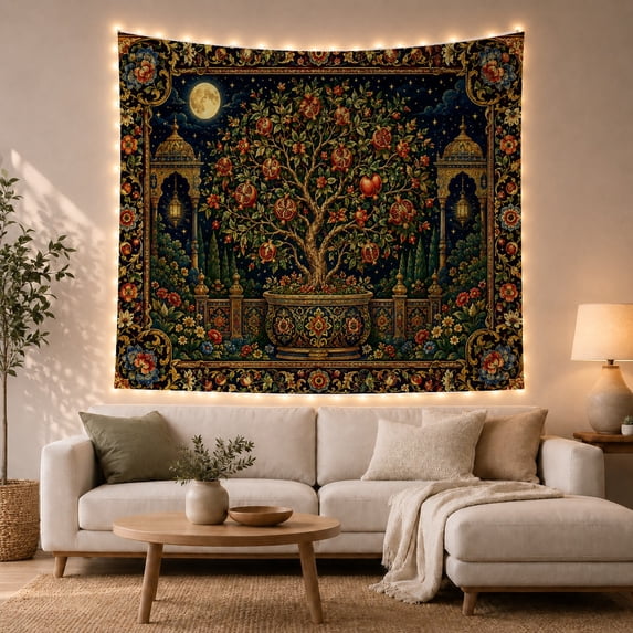 Armchair Bookshelf Cat with Ornate Pomegranate Tree, Cozy Dark Academia for Book Lovers, Aesthetic Wall Decor, Mother'S Day Gift, Tapestry Wall Hanging for Dorm and Living Room
