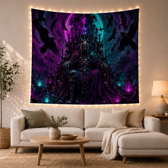 Armchair Bookshelf Cat with Skeletal Figure Seated Upon, Cozy Dark Academia for Book Lovers, Reading Nook Wall Decor, Halloween Gift, Tapestry Wall Hanging for Bedroom and Dorm