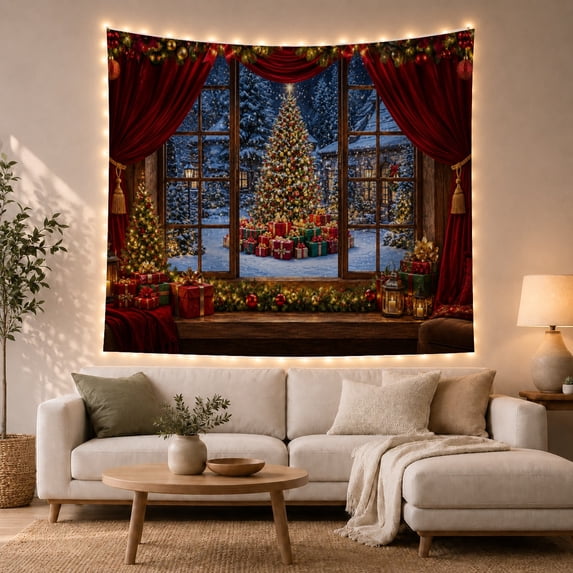 Armchair Bookshelf Cat with Window Viewed Indoors Looking, Cozy Dark Academia for Book Lovers, Reading Nook Wall Decor, Christmas Gift, Tapestry Wall Hanging for Bedroom and Dorm
