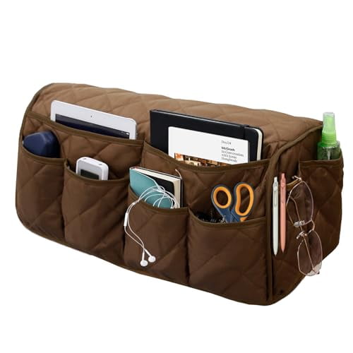 Armchair Caddy,Sofa Armrest Organizer,Non Slip Recliner Organizer,Remote Control Holder for Recliners,Couch Caddy with 14 Pockets Storage for TV Remote,Phone,Magazine (Brown)
