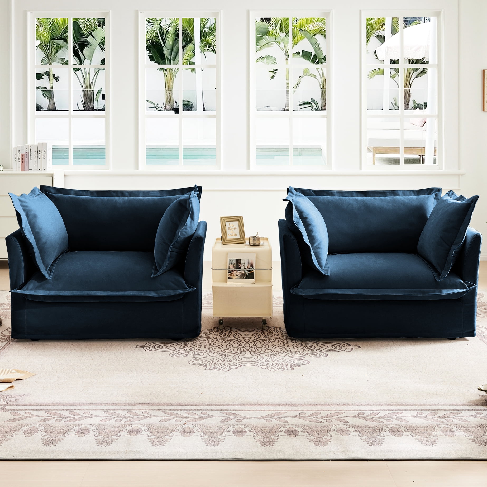 Armchair With Deep Seats - Blue Chenille Fabric For A Comfy Living Soft