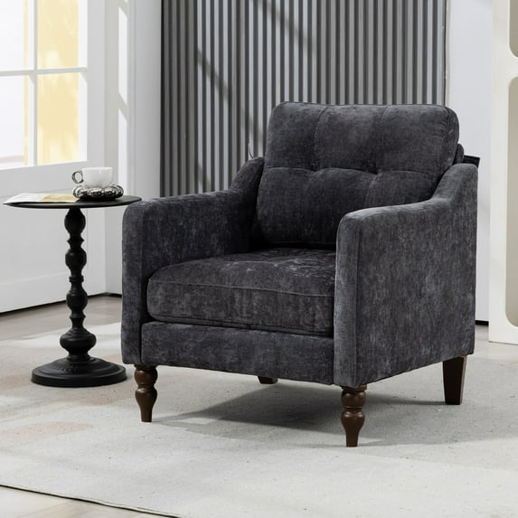 Armchair, Midcentury Modern Chair with USB and Side Storage, Comfy Upholstered Chairs for Living Room Bedroom Apartment, Oversized Chenille Accent Chair, Dark Grey