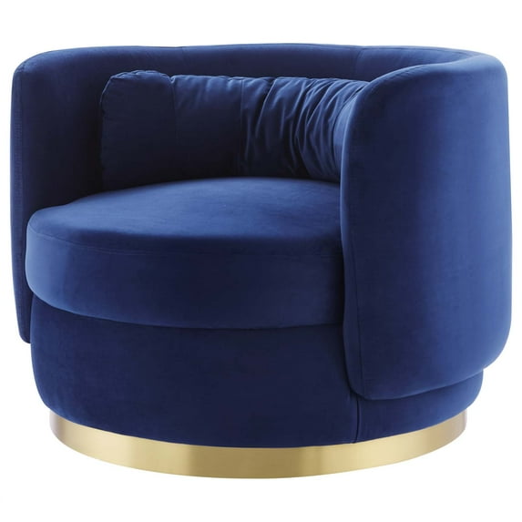 Armchair Swivel Accent Chair, Navy Gold, Velvet, Modern Contemporary, Living Lounge Cafe Room Hotel Lobby Hospitality