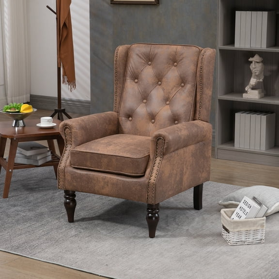 Armchair With Wood Legs, Pu Leather Upholstery, Foam Cushion, Living Room Bedroom Seating, 250lb Support, Coffee Armchair, Frame, Seat, Capacity, Color