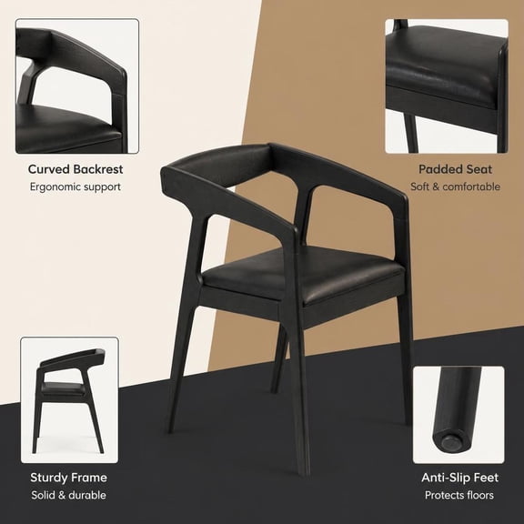 Armchairs, set of 2, black upholstered, padded seat, cozy backrest, PU leather, rubber wood frame