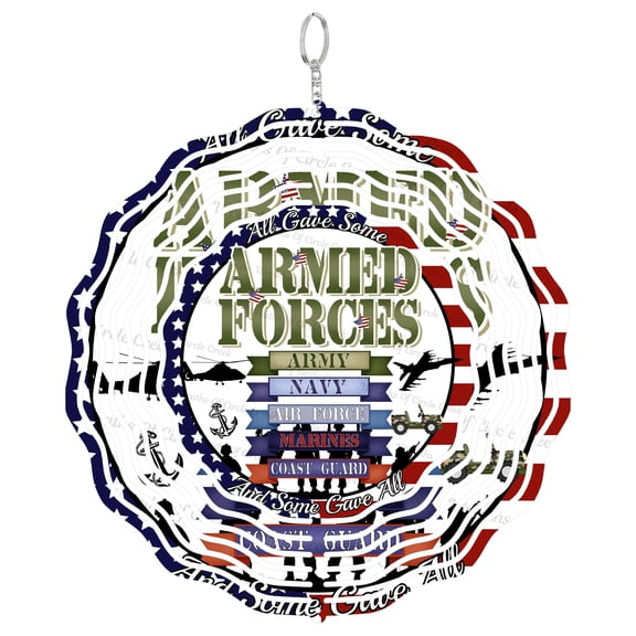 Armed Forces Army Navy Marines Coast Guard 3D Wind Spinner, UV Printed Tinplate Hanging Ornament, Military Tribu