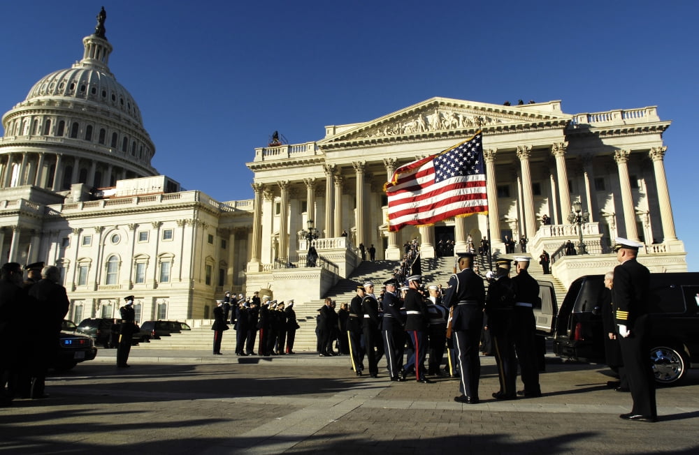 Armed Forces body bearers carry a casket out of the Capitol in Washington DC Canvas Art - Stocktrek Images (34 x 22)