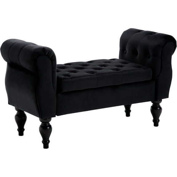 Armed Storage Bench for End of Bed, Modern Bedroom Bench with Wood Legs Upholstered Velvet Entryway Bench with Storage, Button Tufted Window Bench for Living Room, Reception, Black