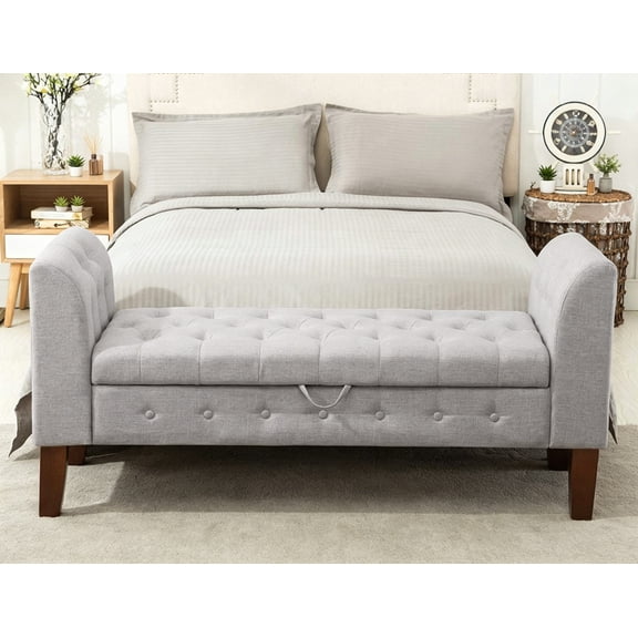 Armed Storage Bench for Bedroom, Entryway, Living Room, Upholstered Tufted Ottoman Bench, Gray